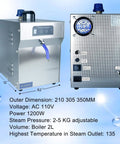 Pro Grade Jewelry Steam Cleaner High Pressure Steamer 2L Stainless Steel Adjustable Temperature and Pressure Commercial Vapor Cleaning Equipment for Jewelry Stores and Studios displayed with control panel and dimensions.