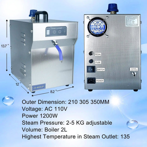 Pro Grade Jewelry Steam Cleaner High Pressure Steamer 2L Stainless Steel Adjustable Temperature and Pressure Commercial Vapor Cleaning Equipment for Jewelry Stores and Studios displayed with control panel and dimensions.