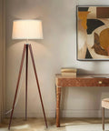 Tall Tripod Floor Lamp With Wood Legs And Cream Drum Shade, Modern Mid Century Style LED Lamp For Living Rooms, Walnut Brown Finish