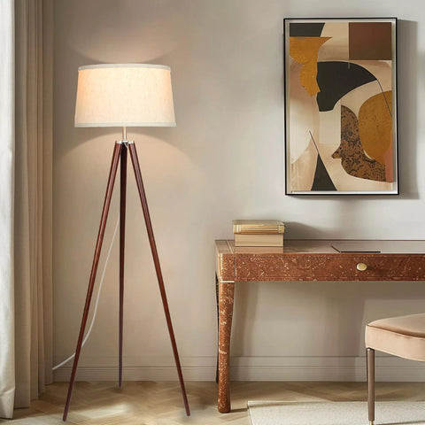 Tall Tripod Floor Lamp With Wood Legs And Cream Drum Shade, Modern Mid Century Style LED Lamp For Living Rooms, Walnut Brown Finish