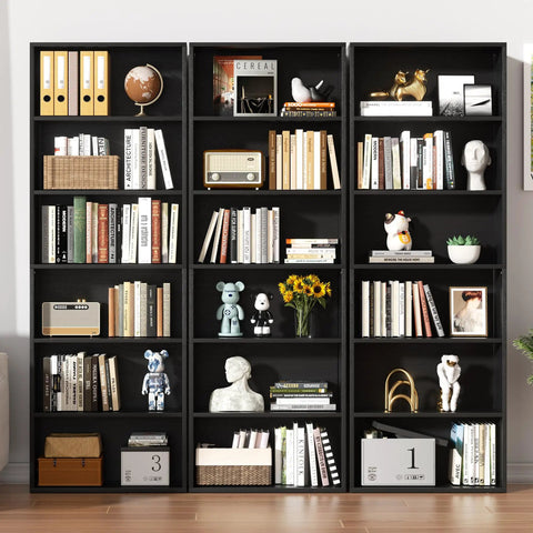 Knockout 6 Tier Bookshelf, Modern Industrial Open Bookcase With Heavy Duty Shelves, 71 Inch tall, filled with decor and books.