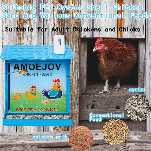 Top Shelf Metal Chicken Grit And Oyster Shell Feeder For Backyard Hens Automatic Poultry Coop Dispenser, blue, with chicken grit and oyster shell.