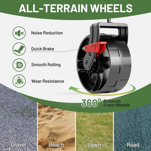 All-terrain wheel with quick brake shown on gravel, beach, lawn, and road surfaces, from 400L Large Capacity Folding Wagon With Brakes, 54 Inch Extender, Double Decker Cart, Beefy Heavy Duty Collapsible Wagon Up To 450lbs, All Terrain Big Wheels For Camping, Sports And Shopping.
