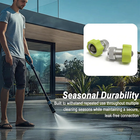 Aluminum Three Quarter Inch Pressure Washer Hose Adapter With Built In Filter shown in use on wet patio