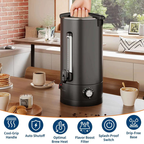 18 Liter Coffee Urn With Double Wall Insulation, Stainless Steel Black, 120 Cups Capacity on kitchen counter