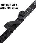 Close-up view of Baktrak Traction Web Rifle Sling 36 Inch With 500Lb Rated Swivels And Slim Non Slip Pad Black And Gray material.