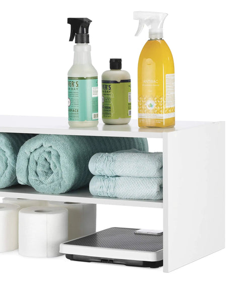 Extra Wide 31 Inch 2 Shelf Storage Organizer Shoe Rack Stackable with towels and cleaning products, white finish