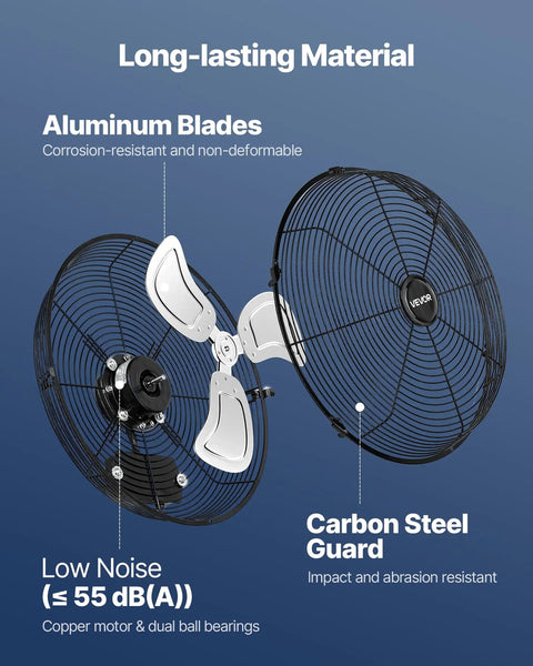 Exploded view of Beefy 14 Inch Industrial Wall Mount Fan With High Velocity Airflow 2473 CFM IP44 Waterproof Outdoor Fan with aluminum blades.