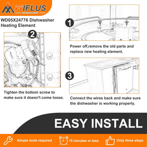 Diagram showing easy installation steps for No Brainer Replacement Dishwasher Heating Element For GE, Compatible With WD05X30818 WD05X24776 WD05X21294