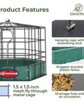 Ultra Sturdy Squirrel Proof Platform Bird Feeder with metal cage, green recycled plastic base, and 1.5 x 1.5 inch mesh openings.