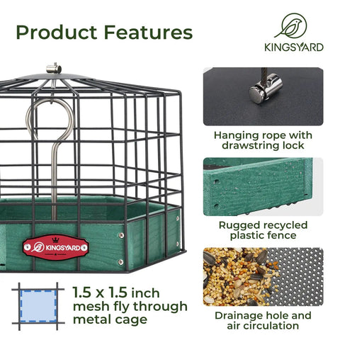 Ultra Sturdy Squirrel Proof Platform Bird Feeder with metal cage, green recycled plastic base, and 1.5 x 1.5 inch mesh openings.