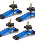 Heavy Duty Aluminum T Track Hold Down Clamps Blue Set With Five Star Knobs And T Bolts Fits Universal Bench Tracks, four clamps with black knobs.