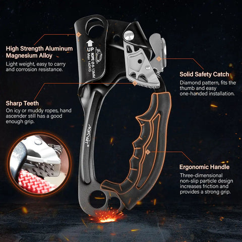 UIAA CE Certified Rope Ascender Aluminum Alloy Climbing Gear for Rappelling, ergonomic design with sharp teeth and safety catch