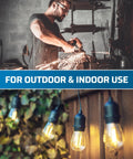 Man using tools in workshop; outdoor string lights hanging, suitable for outdoor & indoor use.