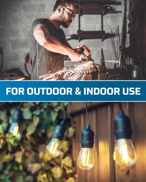 Man using tools in workshop; outdoor string lights hanging, suitable for outdoor & indoor use.