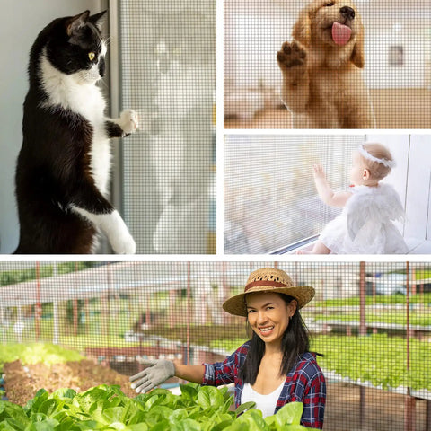 Collage showing fiberglass window screen mesh with pets, plants, and baby, using Fiberglass Window Screen Mesh Replacement Roll 39 Inch By 32 Point Eight Feet Gray No Fuss Easy To Install And Cut Durable Flexible DIY Window Screen That Keeps Bugs Out And Lets Fresh Air In