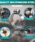 20 Piece Heavy Duty Stainless Steel Hose Clamp Set For Plumbing Automotive Fuel Lines And Mechanical Use Adjustable Worm Gear Clamps 6mm To 51mm Size Range Durable Rustproof Corrosion Resistant shown with usage examples