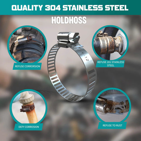 20 Piece Heavy Duty Stainless Steel Hose Clamp Set For Plumbing Automotive Fuel Lines And Mechanical Use Adjustable Worm Gear Clamps 6mm To 51mm Size Range Durable Rustproof Corrosion Resistant shown with usage examples