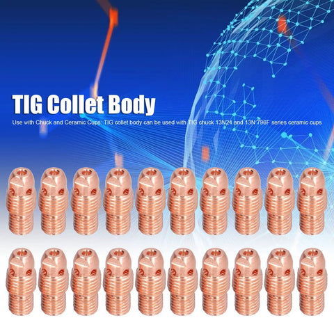 Heavy Duty Premium Copper TIG Collet Body Replacement Parts Fits 13N24 13N 796F WP 9F Torch Consumables in several angles.