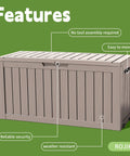 Outdoor Storage Deck Box 90 Gallon Waterproof Chest For Patio Cushions Garden Tools And Pool Gear With Lockable Lid And Side Handles Gray All Weather Durable Construction on green background.