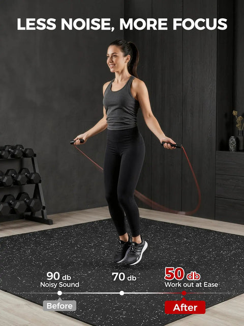 Person jumping rope on Interlocking Gym Floor Tiles 0.56 Inch Thick, 24 By 24 Inch, 12 Piece Set, EVA Foam Exercise Mats, Black and White.