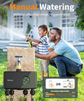 Father and son using 4 Zone WiFi Hose Timer With Brass Inlet For Garden Irrigation, Sprinkler System With Alexa, 4 outlets