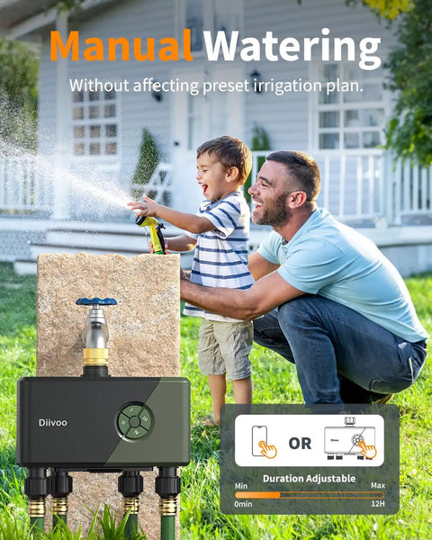 Father and son using 4 Zone WiFi Hose Timer With Brass Inlet For Garden Irrigation, Sprinkler System With Alexa, 4 outlets