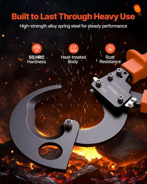 Heavy Duty Ratcheting Cable Cutter Tough As Nails Spring Steel Blades With Killer Grip Handles Quick Release Lever on glowing background.