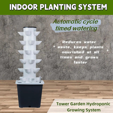 Hydroponic Vertical Garden System For Indoor Growing, 30 Pod Smart Rack With Movable Tank displayed on wood floor