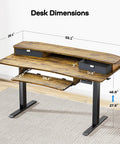 Huanuo Electric Standing Desk 55 Inch With 2 Drawers And Keyboard Tray Vintage Finish showing dimensions and features.