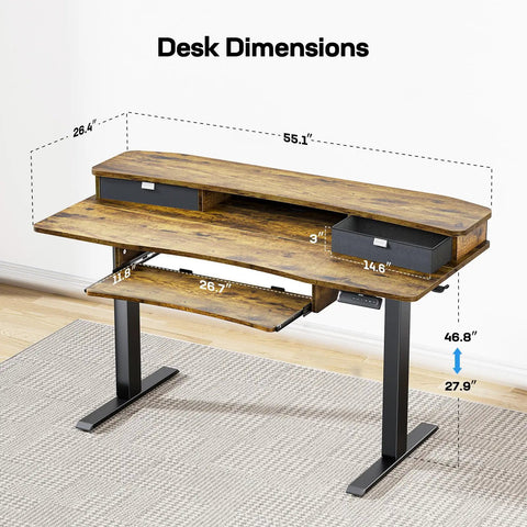 Huanuo Electric Standing Desk 55 Inch With 2 Drawers And Keyboard Tray Vintage Finish showing dimensions and features.