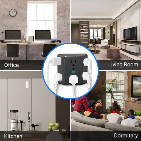 Six Outlet Wall Plug Extender With Surge Protector shown in office, living room, kitchen, dormitory settings.