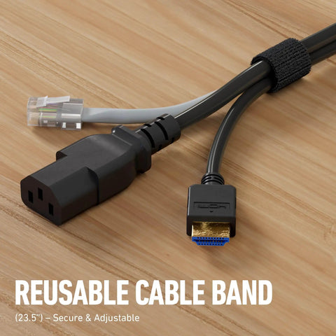 Under Desk Cable Management Kit With Tray, Spiral Wrap, Cable Band And Clips, secured cables with reusable band on wood surface.