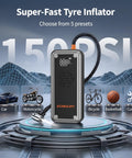 W160 Jump Starter With Air Compressor 5000A Portable Car Jump Pack, 12V Battery Booster And 150 PSI Tire Inflator display.