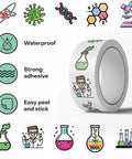 Science Sticker Roll For Kids 1000 Lab Labels In 2 Rolls 10 Chemistry Themed Designs For Classroom Rewards image showing stickers and roll.