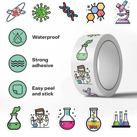 Science Sticker Roll For Kids 1000 Lab Labels In 2 Rolls 10 Chemistry Themed Designs For Classroom Rewards image showing stickers and roll.