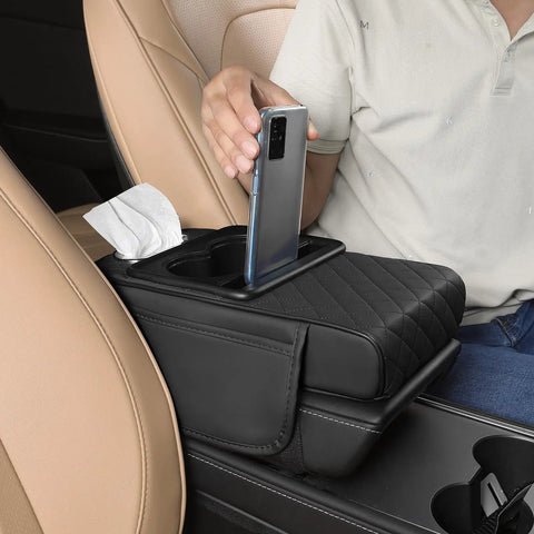 Leather Car Center Console Cover 5 In 1 Multifunctional Armrest Cushion With Cup Holders Phone Slot Tissue Box And Side Pockets
