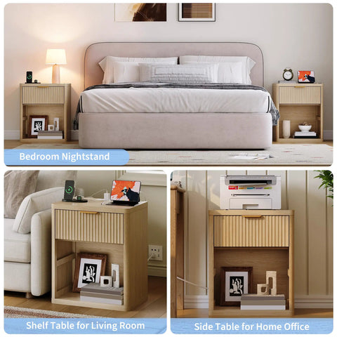 Fluted Nightstand With Built In Charging Station One Drawer And Open Storage Metal Handles Curved Edges Mid Century Modern Bedside Table For Bedroom Or Living Room Must Have shown in bedroom, living room, and office settings.