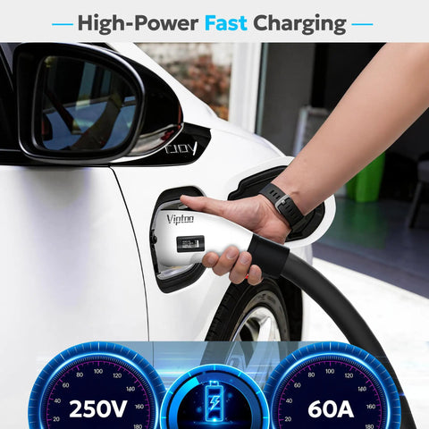 Tesla to J1772 EV Charging Adapter, 60A 250V AC with digital display in use on a white electric vehicle for Level 2 charging