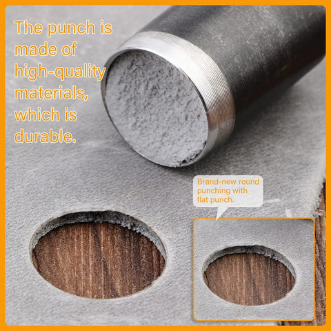 Close-up of 5 Size Leather Hole Punch Set With Hollow Punch Cutter Tools for DIY leather craft projects showing round holes cut in leather.