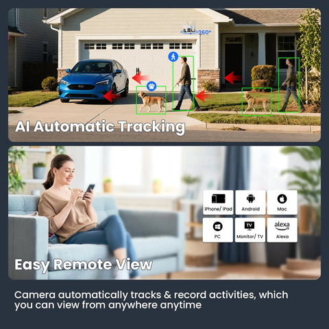 AI tracking and remote view setup of 10X Zoom Mesh WiFi 6 PTZ AI Tracking Security Camera System With 4 Cameras 2K Dual Lens Kit