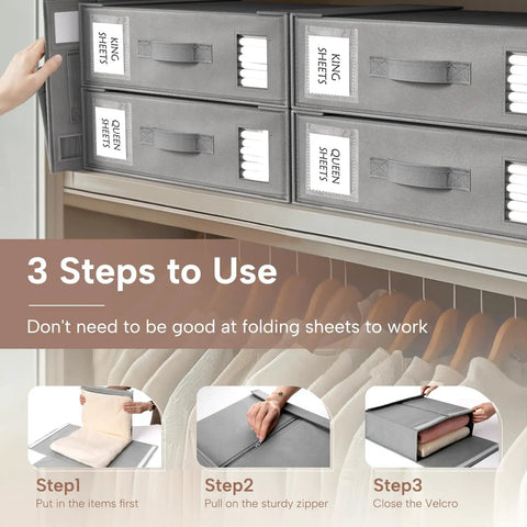 Six Pack Foldable Bed Sheet Organizer Boxes For Linen Closet Storage With Clear Window Label Slot stacked in closet