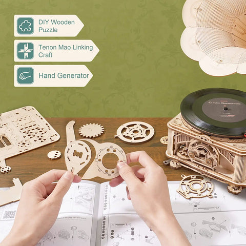 3D Wooden Gramophone Puzzle For Adults DIY Mechanical Model Kit 1 To 1 Replica Record Player assembly with wooden parts and vinyl