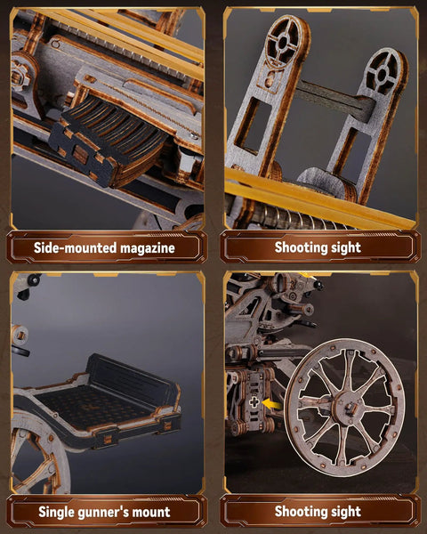 Anti Aircraft Gun Mechanical Model Kit With Semi Automatic Firing Action, Dope 3D Wooden Puzzle For Adults, DIY Rubber Band Gun Toy showing side-mounted magazine and sight