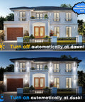 Two Pack White Outdoor Wall Sconces With Dusk To Dawn Auto On Off shown on house exterior with day and night view