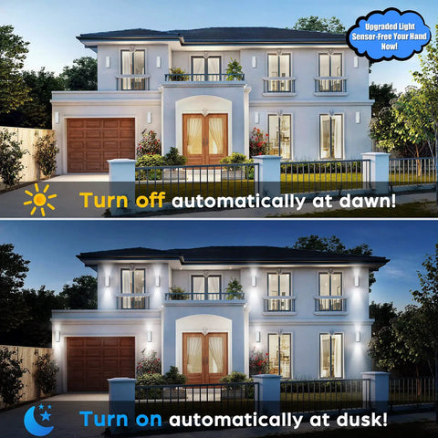 Two Pack White Outdoor Wall Sconces With Dusk To Dawn Auto On Off shown on house exterior with day and night view