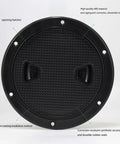 Rock Solid Two Pack Black 4 Inch Round Non Slip Marine Deck Hatch With Detachable Cover And Top Shelf Rubber Seal For Yachts Boats Kayaks And Rv Uv Resistant Abs top view displaying textured surface and installation holes.