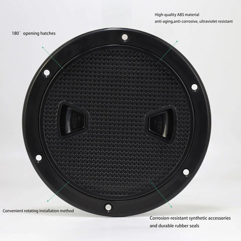 Rock Solid Two Pack Black 4 Inch Round Non Slip Marine Deck Hatch With Detachable Cover And Top Shelf Rubber Seal For Yachts Boats Kayaks And Rv Uv Resistant Abs top view displaying textured surface and installation holes.