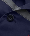 Close-up of Mens Heavy Duty Mechanic Lab Coat With Reflective Safety Strips Navy fabric and button detail.