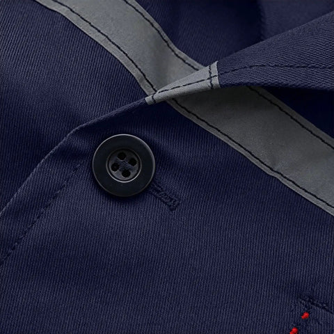 Close-up of Mens Heavy Duty Mechanic Lab Coat With Reflective Safety Strips Navy fabric and button detail.